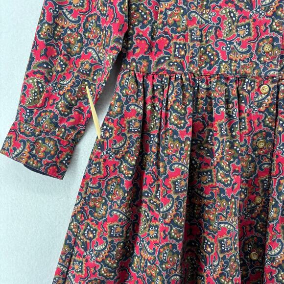 EDDIE BAUER Dress S Twill Paisley Fit & Flare Cottagecore Long Sleeve Cotton Red - Picture 8 of 13